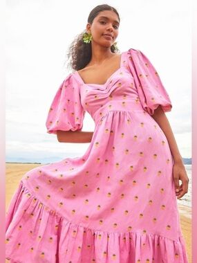 FARM Rio Puff-Sleeve Maxi Dress with Pineapple Print